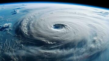 Hurricane Florence over Atlantics. Super typhoon over the ocean. The eye of the hurricane. The atmospheric cyclone. Satellite view. Generative Ai photo