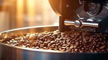 Arabica or Robusta coffee beans, Coffee roaster, Aromatic coffee beans situating in modern equipment with grain chiller. Coffee Bean Roaster Machine. Industry concept. Generative Ai photo
