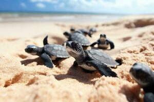 anfibio. muchos bebé tortugas en el arenoso playa y gatear a el océano. mar criaturas generativo ai foto