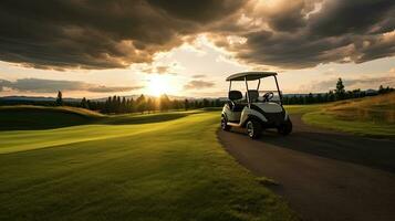 A Golf car, Golf cart car in fairway of golf course with fresh green grass field and cloud sky and tree at sunset. Generative Ai photo