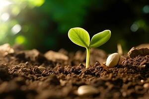 el semilla de frijoles es creciente en el suelo naturaleza. ahorros y inversión concepto. generativo ai foto