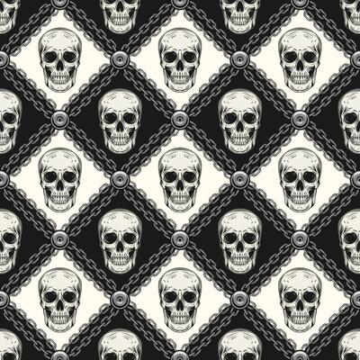 Monochrome geometric pattern with human skulls