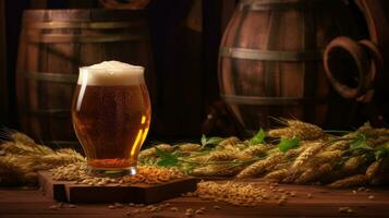 Beer Mug with wheat and hops in the brewery. oak barrel background. Generative AI photo