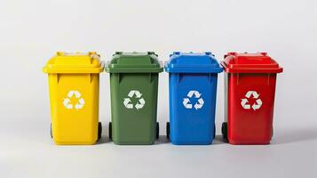 Collection of Yellow, Green, Blue and Red recycle bins with recycle symbol isolated on white background. Generative Ai photo