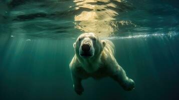 a polar bear swimming underwater in the arctic ocean. generative ai photo