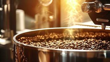 Arabica or Robusta coffee beans, Coffee roaster, Aromatic coffee beans situating in modern equipment with grain chiller. Coffee Bean Roaster Machine. Industry concept. Generative Ai photo