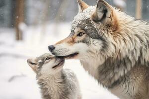 Mother wolf and wolf cubs in winter snow. Generative AI. photo