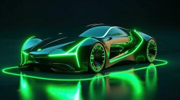 un futurista eléctrico coche con movimiento verde Encendiendo. automotor innovación y tecnología conceptos. generativo ai foto