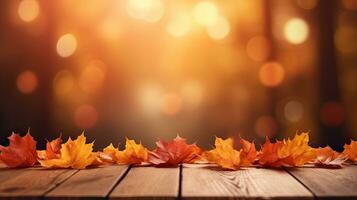 Autumn maple leaves on wooden table for fall blurred background. Generative Ai photo