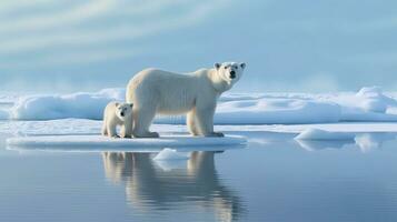 polar bear mother and cub along ice floe in arctic ocean. generative ai photo