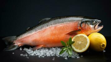 Fresh Salmon fish with lemon on ice. Salmon fish. Generative Ai photo