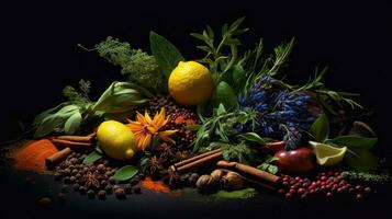 Colorful and aromatic herbs and spices on a dark background. Generative Ai photo