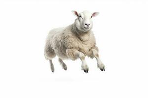 A Sheep, Happy sheep jumping isolated on white background. Generative AI photo