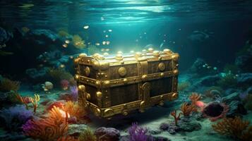 Treasure chest underwater in ocean. Generative Ai photo