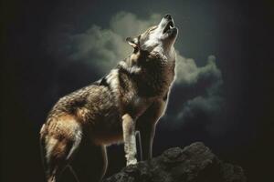adult wolf howling in the night. Generative AI. photo