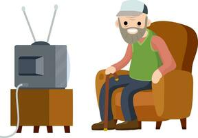 Old Senior man sitting in armchair and watching retro TV. Funny grandfather. Lifestyle of grandpa. Cartoon flat illustration. Hobbies and pastime oldster vector