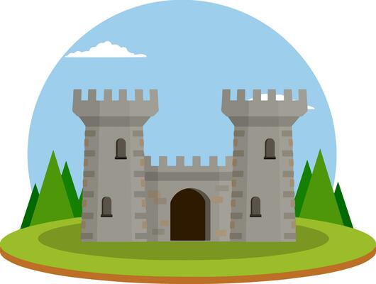 Medieval castle. Old fortress. European architecture and city centre. Military building of knight and king. Defense and reliability. Tower, wall and gate. Cartoon flat illustration. Green landscape