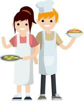 Woman in white apron holding frying pan with pancakes. Man preparing delicious Breakfast. Housewife at work. Cute smiling wife in kitchen. Cartoon flat illustration. Family couple. vector