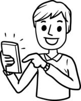 Man with mobile phone. Cartoon hand drawn sketch illustration. Young guy with modern device. Happy character vector