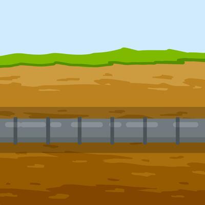 Underground pipeline. Sewer and water supply pipe. Sewage system. An oil pipeline in the ground. Nature and soil. Flat illustration