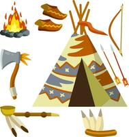 Indian wigwam. Native American house. National hut. Nature of landscape. Axe, weapon, fire and skull of animal, tube, clothes, bow and arrow. Flat cartoon vector