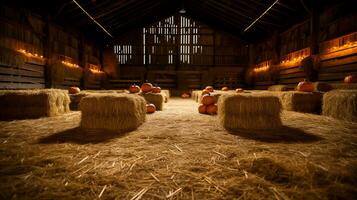 A picturesque barn filled with bales of hay and pumpkins background with ample empty space for text photo