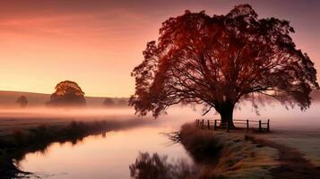 un sereno campo escena saluda el amanecer como niebla envuelve un pintoresco noviembre paisaje susurro misterios de naturalezas tranquilidad foto