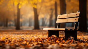 A cozy park scene with fallen leaves and a rustic bench background with empty space for text photo