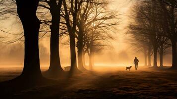 A serene silhouette of bare trees casting long shadows on a misty morning in November photo