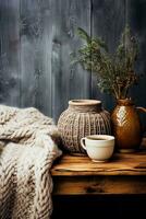 A rustic wooden table adorned with vintage knitted sweaters and cozy mugs background with empty space for text photo