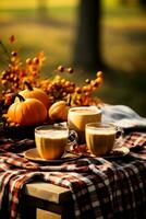 un acogedor otoño picnic preparar con tartán mantas calabazas y café tazas antecedentes con vacío espacio para texto foto