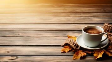 A rustic wooden table adorned with vintage knitted sweaters and mugs of steaming cocoa background with empty space for text photo