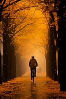 As the golden leaves fall a solitary cyclist navigates the misty streets capturing the melancholic allure of late autumn photo