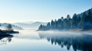 A serene misty morning landscape in November showcasing rolling hills and a calm lake background with empty space for text photo