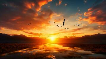 A breathtaking sunset over a vast open field with birds migrating background with empty space for text photo