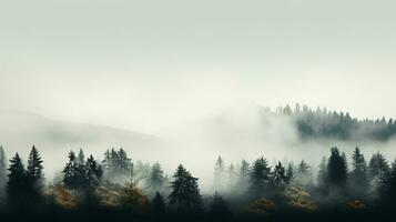 A serene mist-engulfed forest in November background with empty space for text photo