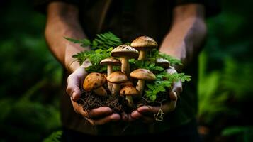 A close-up shot of a hand holding freshly foraged mushrooms against a lush green forest background with empty space for text photo