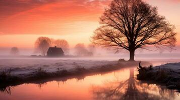 un sereno campo escena saluda el amanecer como niebla envuelve un pintoresco noviembre paisaje susurro misterios de naturalezas tranquilidad foto