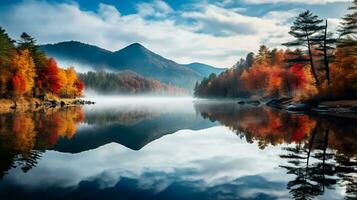 un sereno lago emerge desde el niebla reflejando el vibrante noviembre matices de el rodeando arboles y montañas foto