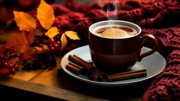 A close-up of a steaming mug of hot cocoa next to a stack of knitted sweaters in rich colors evoking warmth and comfort photo