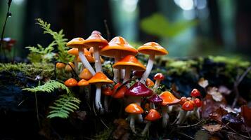un grupo de salvaje hongos un tesoro tesoro en el bosque cautivador con su vibrante colores y único formas foto
