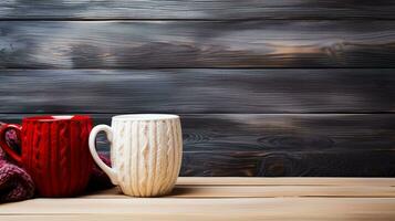 A rustic wooden table adorned with vintage knitted sweaters and cozy mugs background with empty space for text photo