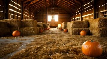 A picturesque barn filled with bales of hay and pumpkins background with ample empty space for text photo