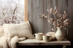 A rustic wooden table adorned with vintage knitted sweaters and cozy mugs background with empty space for text photo