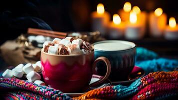 un taza de humeante caliente cacao adornado con Malvaviscos siguiente a un apilar de vistoso Clásico de punto suéteres foto