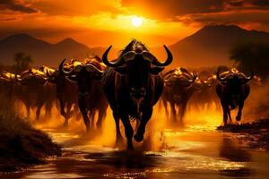 A golden-hued landscape sets the stage as a river of wildebeest majestically crosses the African plains during their annual migration photo