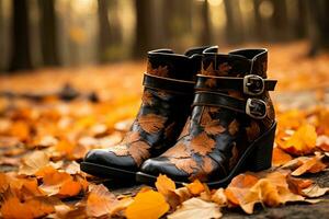 A rustic pair of ankle boots surrounded by fallen leaves capturing the essence of autumn fashion trends photo