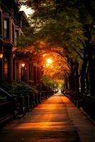 The setting sun casts a warm golden glow over the city highlighting the vibrant fall foliage and tranquil streets photo