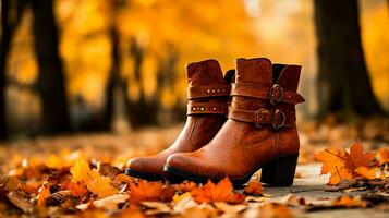 un rústico par de tobillo botas rodeado por caído hojas capturar el esencia de otoño Moda tendencias foto