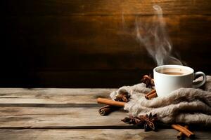 A rustic wooden table adorned with vintage knitted sweaters and mugs of steaming cocoa background with empty space for text photo